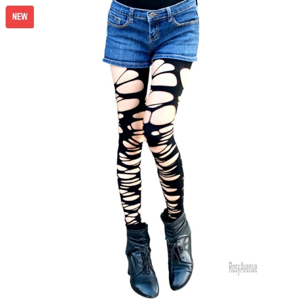 Tattered Distressed Ripped Mesh Tights One Size Footless Leggings